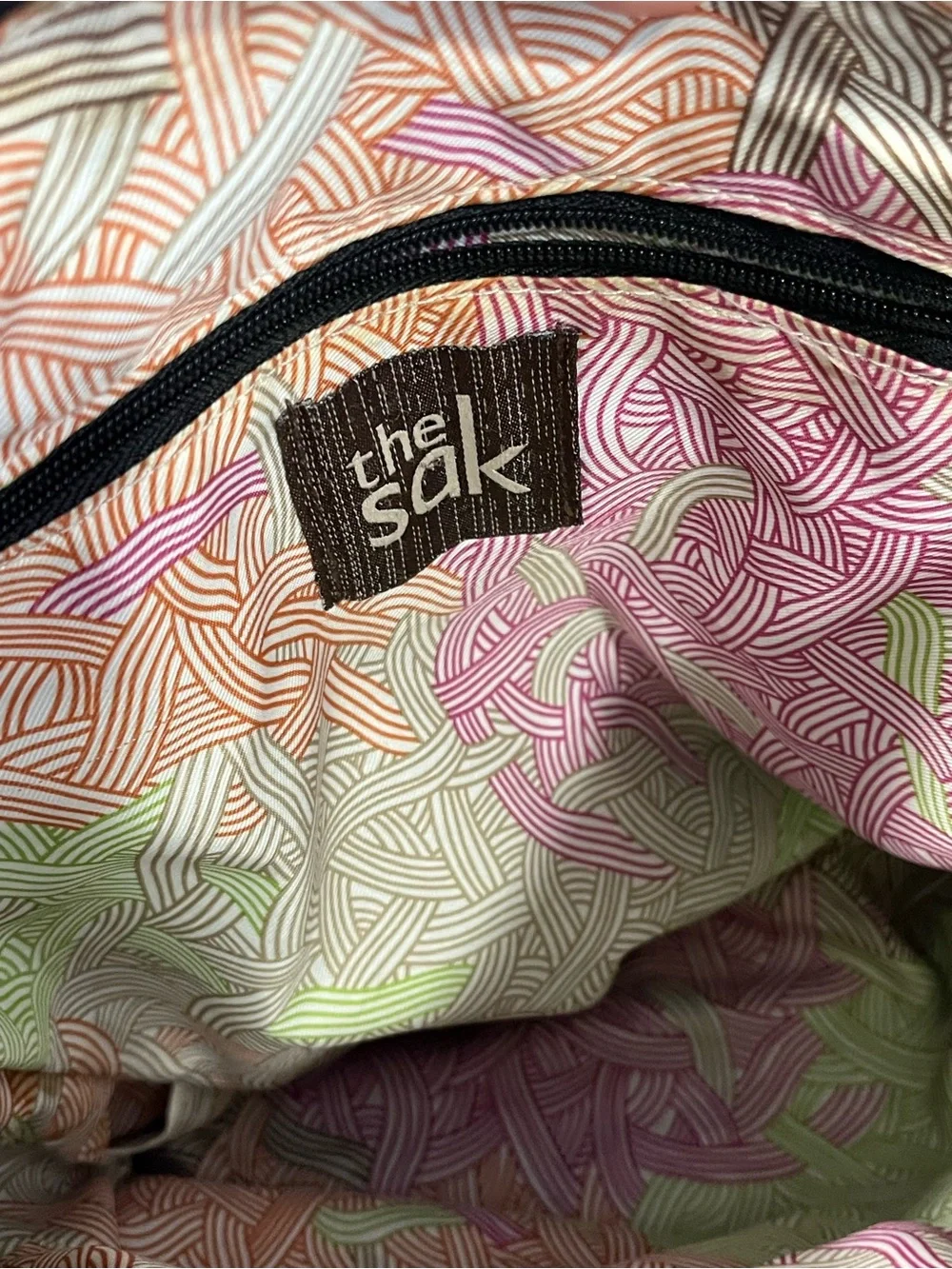 The Sak Black Leather Bag Crossbody Purse Pink Orange & Green Swirl Lined Bag